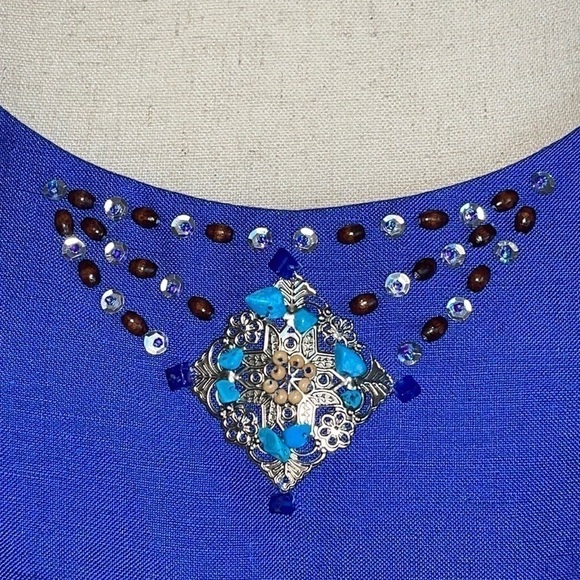 Coldwater Creek Blue Linen Blouse Turquoise Beads Sz. 10 - Picture 3 of 14